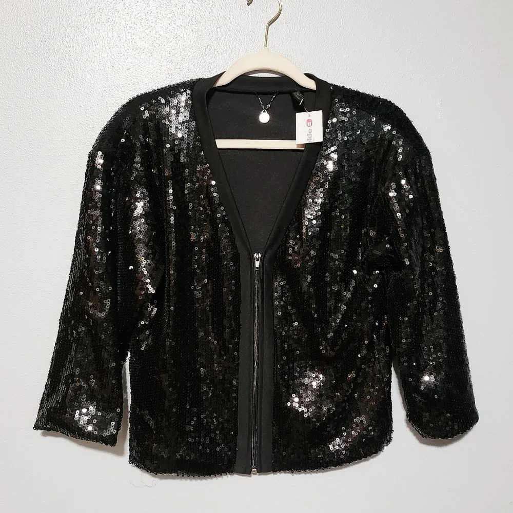 BKE Jacket Womens Medium Black Sequins Zip Front Party Holiday Glam Edgy NWT - Picture 2 of 11
